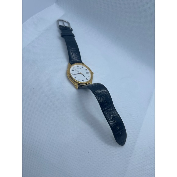 Pulsar Gold Tone Watch White Dial Black Leather Band Elegant Timepiece - Picture 1 of 4